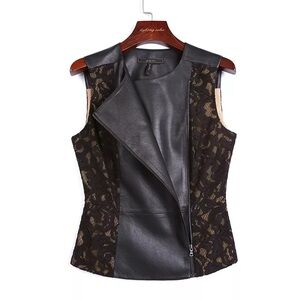 BCBGMAXAZRIA Black Faux Leather & Lace Asymmetrical Peplum Vest Top - Size XS